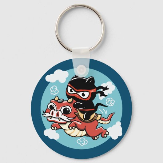Kawaii Ninja Cat Riding a Red Dragon Sleutelhanger (Voorkant)