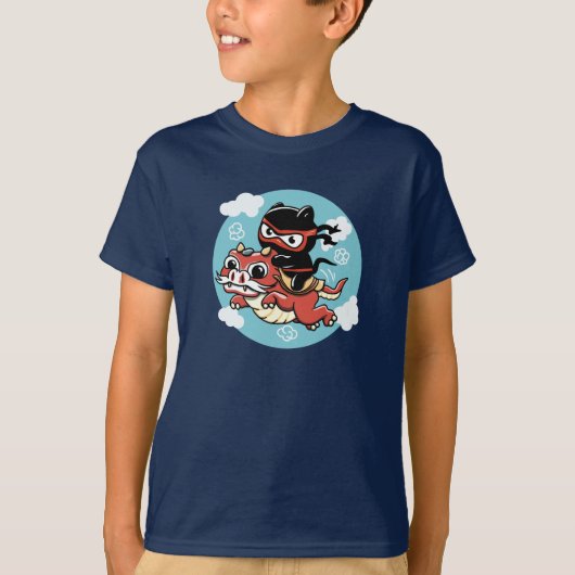Kawaii Ninja Cat Riding a Red Dragon T-shirt (Voorkant)