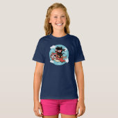 Kawaii Ninja Cat Riding a Red Dragon T-shirt (Voorkant volledig)