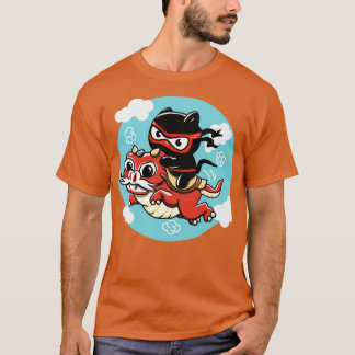 Kawaii Ninja Cat Riding a Red Dragon T-shirt