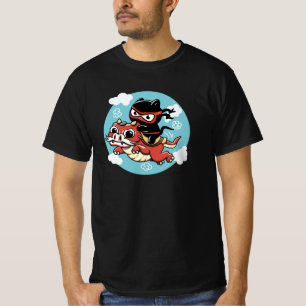 Kawaii Ninja Cat Riding a Red Dragon T-shirt