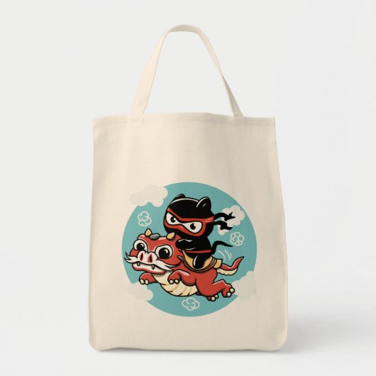 Kawaii Ninja Cat Riding a Red Dragon Tote Bag (Voorkant)