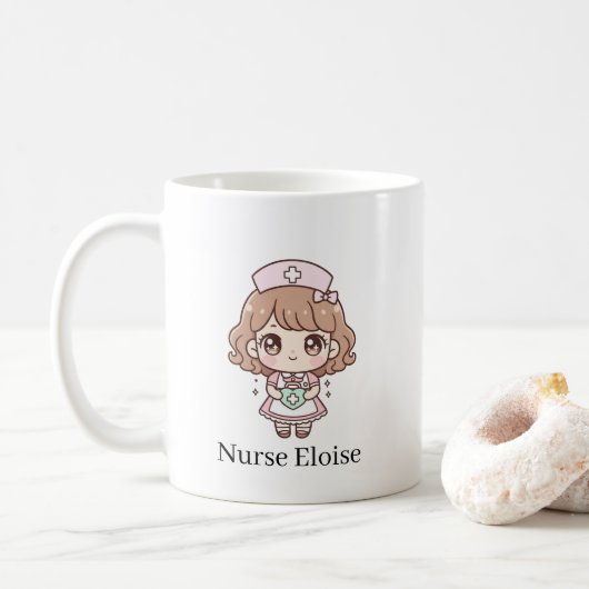 Kawaii Nurse Mug – Pastel Cute Chibi Nurse Coffee  Koffiemok (Met donut)