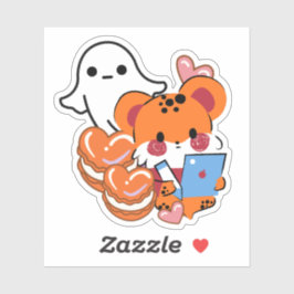 Kawaii oranje cheeta met hart macarons & spook sticker