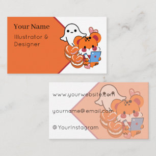Kawaii oranje cheeta met hart macarons & spook visitekaartje