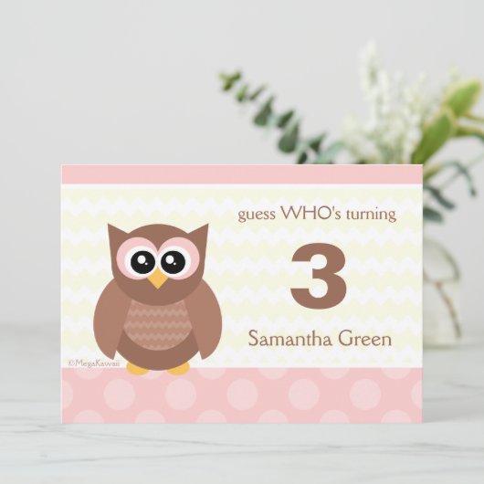 Kawaii Owl Birthday Party Invitations Kaart (Staand voorkant)