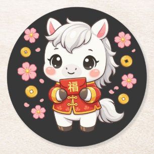 Kawaii Paard Chinees Nieuwjaar Ronde Kartonnen Onderzetter