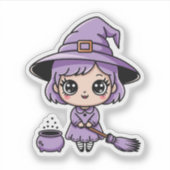 Kawaii Paarse Heks Halloween Sticker (Voorkant)