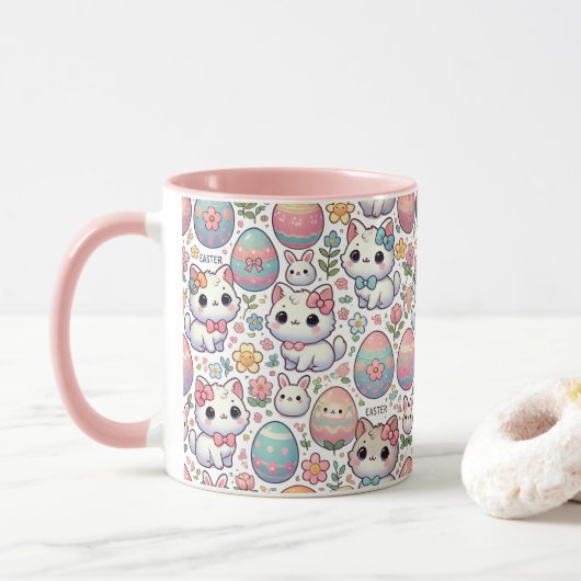 Kawaii Paaskat Mok – Schattige Kat Kleurrijke eier (Met donut)