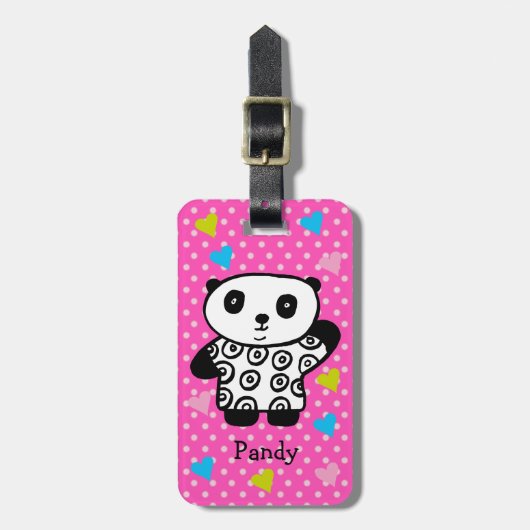 Kawaii Panda Beer Roze Girly Polka Dot Hearts Bagagelabel (Voorkant verticaal)