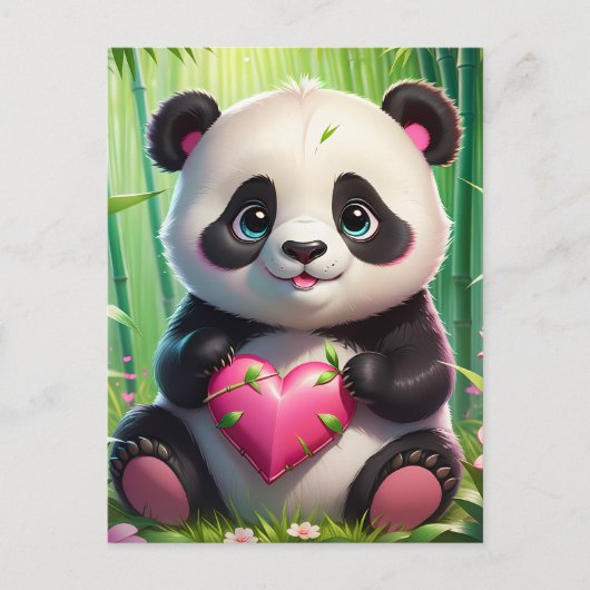 Kawaii Panda houdt hart vast in een bamboebos Briefkaart (Voorkant)