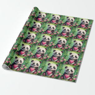 Kawaii Panda houdt hart vast in een bamboebos Cadeaupapier