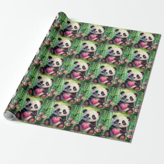 Kawaii Panda houdt hart vast in een bamboebos Cadeaupapier (Uitgerold)