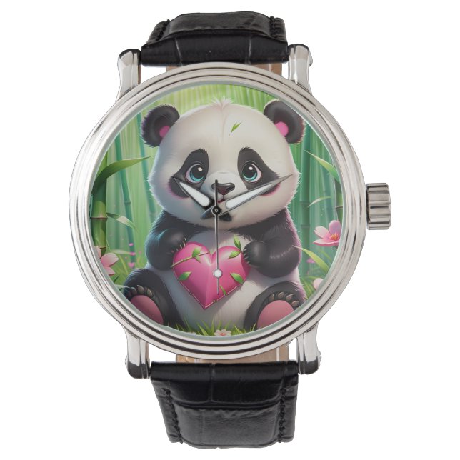 Kawaii Panda houdt hart vast in een bamboebos Horloge (Voorkant)