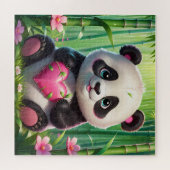 Kawaii Panda houdt hart vast in een bamboebos Legpuzzel (Horizontaal)