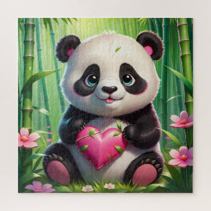 Kawaii Panda houdt hart vast in een bamboebos Legpuzzel