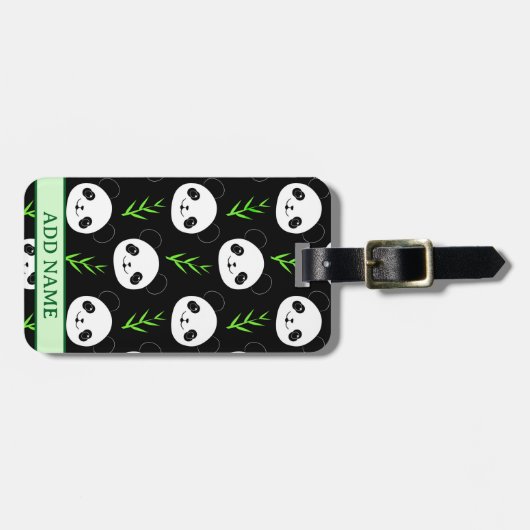 Kawaii Panda Patroon Bamboe in Zwart Wit Groen Bagagelabel (Voorkant horizontaal)