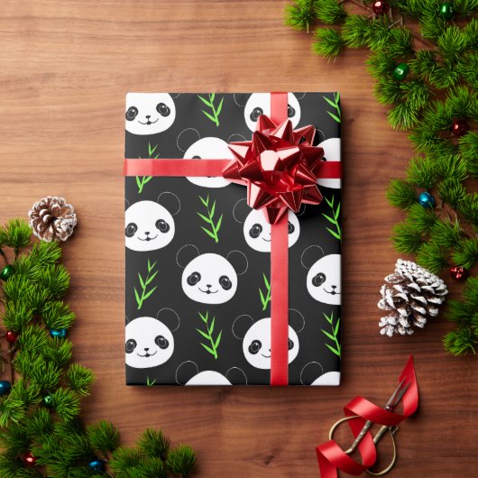 Kawaii Panda Patroon Bamboe in Zwart Wit Groen Cadeaupapier (Feestdagen Geschenken)