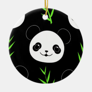 Kawaii Panda Patroon Bamboe in Zwart Wit Groen Keramisch Ornament