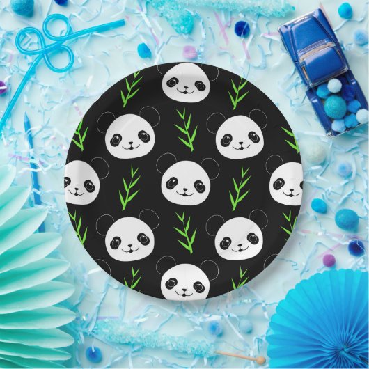 Kawaii Panda Patroon Bamboe in Zwart Wit Groen Papieren Bordje (Feest)