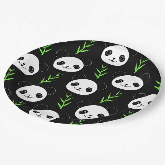 Kawaii Panda Patroon Bamboe in Zwart Wit Groen Papieren Bordje (Gekanteld)