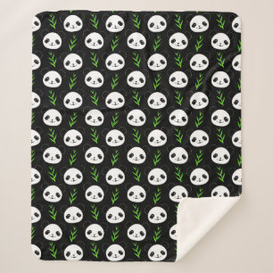 Kawaii Panda Patroon Bamboe in Zwart Wit Groen Sherpa Deken