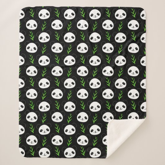 Kawaii Panda Patroon Bamboe in Zwart Wit Groen Sherpa Deken (Voorkant)