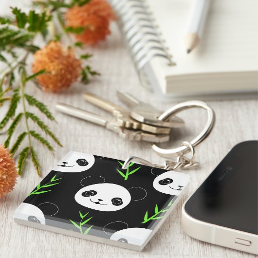 Kawaii Panda Patroon Bamboe in Zwart Wit Groen Sleutelhanger (Voorkant Rechts)