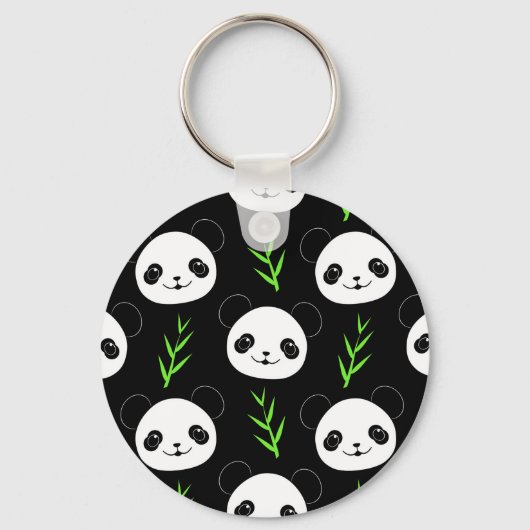 Kawaii Panda Patroon Bamboe in Zwart Wit Groen Sleutelhanger (Voorkant)