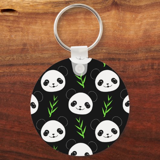 Kawaii Panda Patroon Bamboe in Zwart Wit Groen Sleutelhanger (Voorkant)