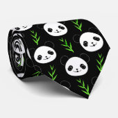 Kawaii Panda Patroon Bamboe in Zwart Wit Groen Stropdas (Opgerold)