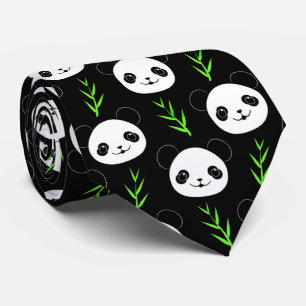 Kawaii Panda Patroon Bamboe in Zwart Wit Groen Stropdas