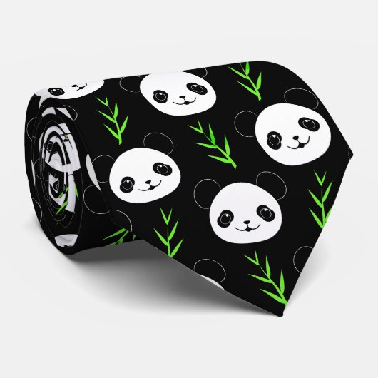 Kawaii Panda Patroon Bamboe in Zwart Wit Groen Stropdas (Opgerold)
