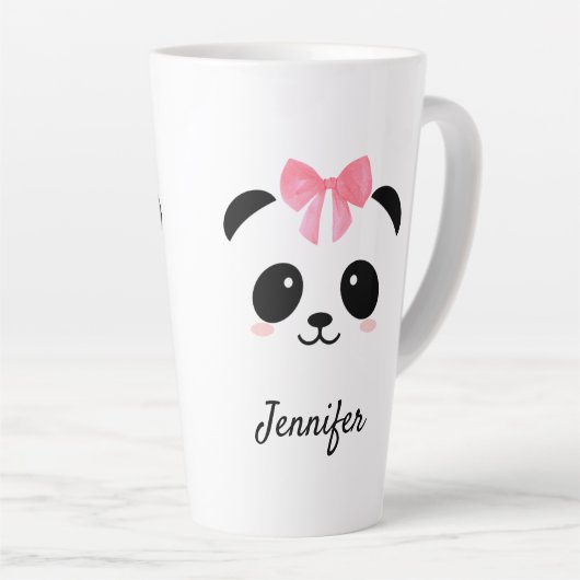 Kawaii panda schattig roze lintje gepersonaliseerd latte mok (Rechterhoek)