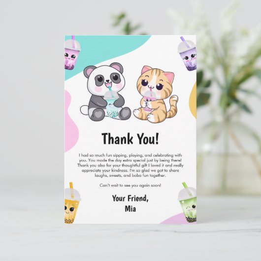 Kawaii Panda & Tiger Bubble Tea Kinderen Verjaarda Bedankkaart (Staand voorkant)