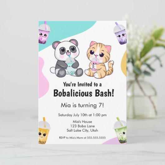 Kawaii Panda & Tiger Bubble Tea Kinderen Verjaarda Kaart (Staand voorkant)