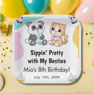 Kawaii Panda & Tiger Bubble Tea Kinderen Verjaarda Papieren Bordje