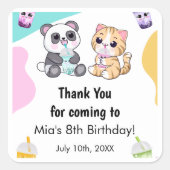 Kawaii Panda & Tiger Bubble Tea Kinderen Verjaarda Vierkante Sticker (Voorkant)