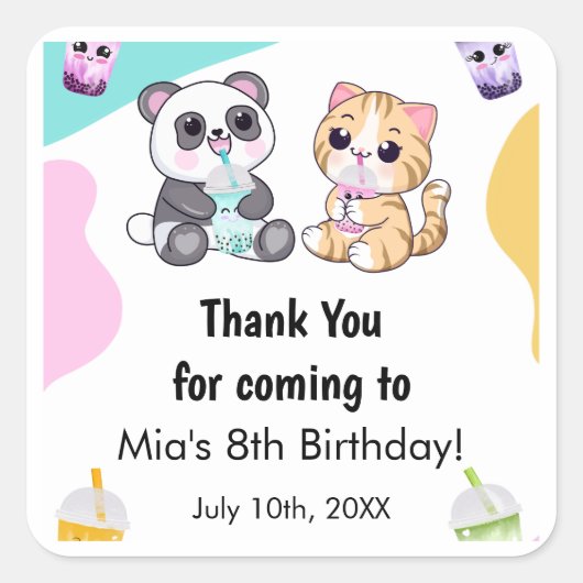 Kawaii Panda & Tiger Bubble Tea Kinderen Verjaarda Vierkante Sticker (Voorkant)