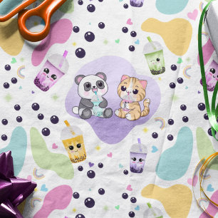 Kawaii Panda & Tijger Bubble Tea Kinderverjaardag Tissuepapier