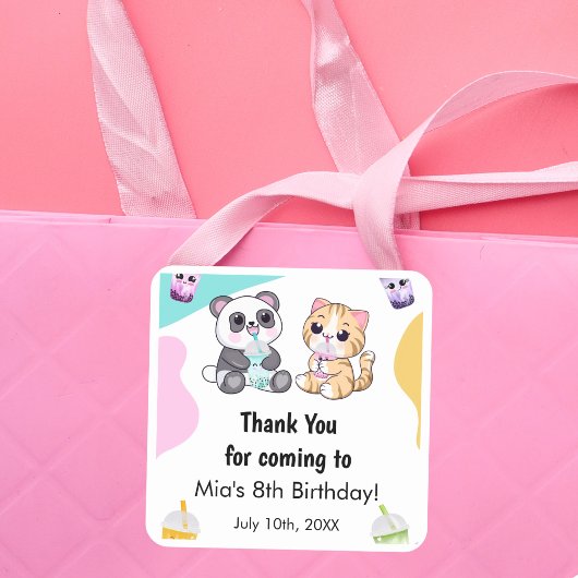 Kawaii Panda & Tijger Bubble Tea Kinderverjaardag Vierkante Sticker