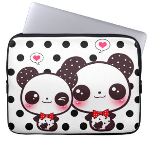 Kawaii-pandas op zwarte haarstaartstippen laptop sleeve