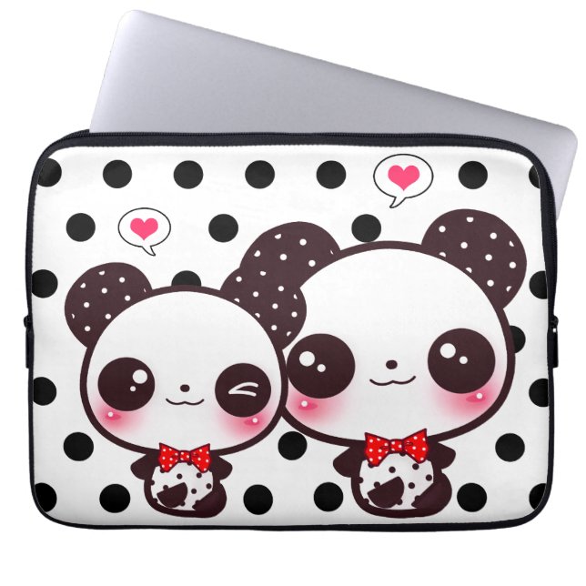 Kawaii-pandas op zwarte haarstaartstippen laptop sleeve (Voorkant)