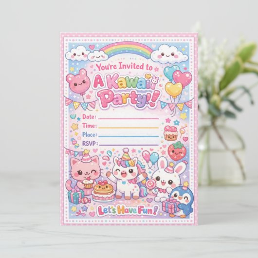 Kawaii Party Invitation – Cute Pastel Birthday  Kaart (Staand voorkant)