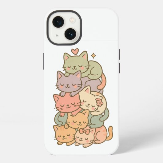 Kawaii Pastel Cat Stack Sleepy Sticker iPhone Hoesje (Achterkant)