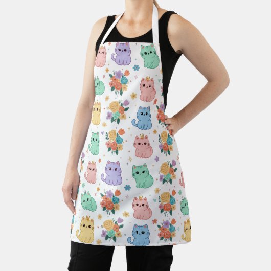 Kawaii Pastel Cats and Flowers Pattern Apron Schort (Insitu)