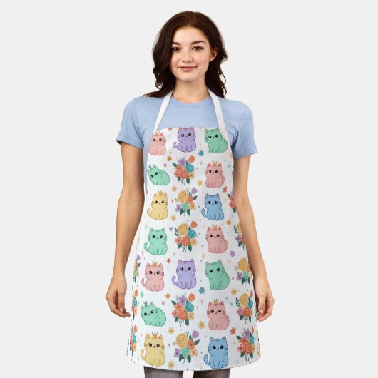 Kawaii Pastel Cats and Flowers Pattern Apron Schort (Gedragen)