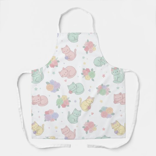 Kawaii Pastel Cats and Flowers Pattern Apron Schort (Voorkant)