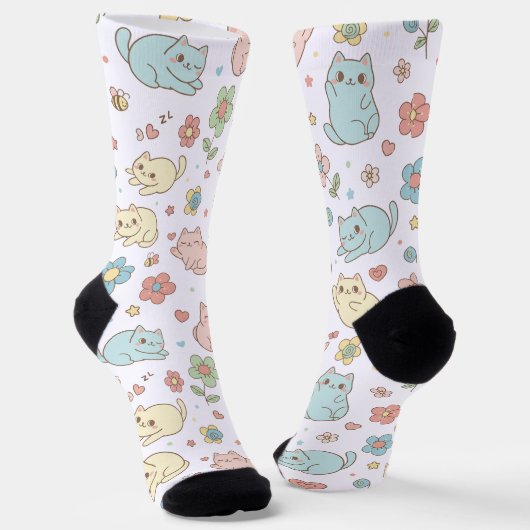Kawaii Pastel Cats and Flowers Pattern Socks Sokken (Gebogen)
