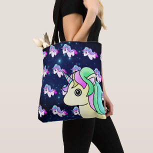 Kawaii Pastel Eenhoorn met Galaxy Blue Stars Tote Bag